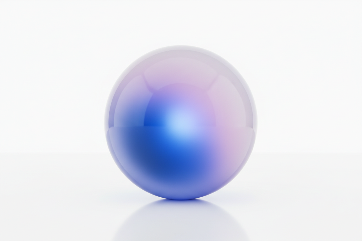 A glowing crystal sphere in ocean blue and soft violet tones, shining gently on a white background, minimal, elegant, and dreamy.